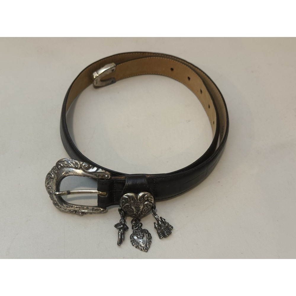 Vintage BRIGHTON Black Leather Belt Silver Heart Charms Sz M 35"L 42903 1996 - Picture 5 of 15